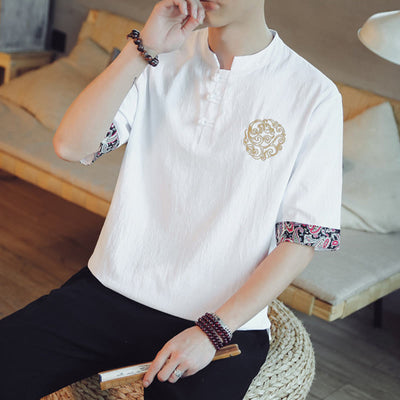 Buddha Stones Frog-Button Dragon Embroidery Chinese Tang Suit Short Sleeve Shirt Linen Men Clothing Men's Shirts BS 23