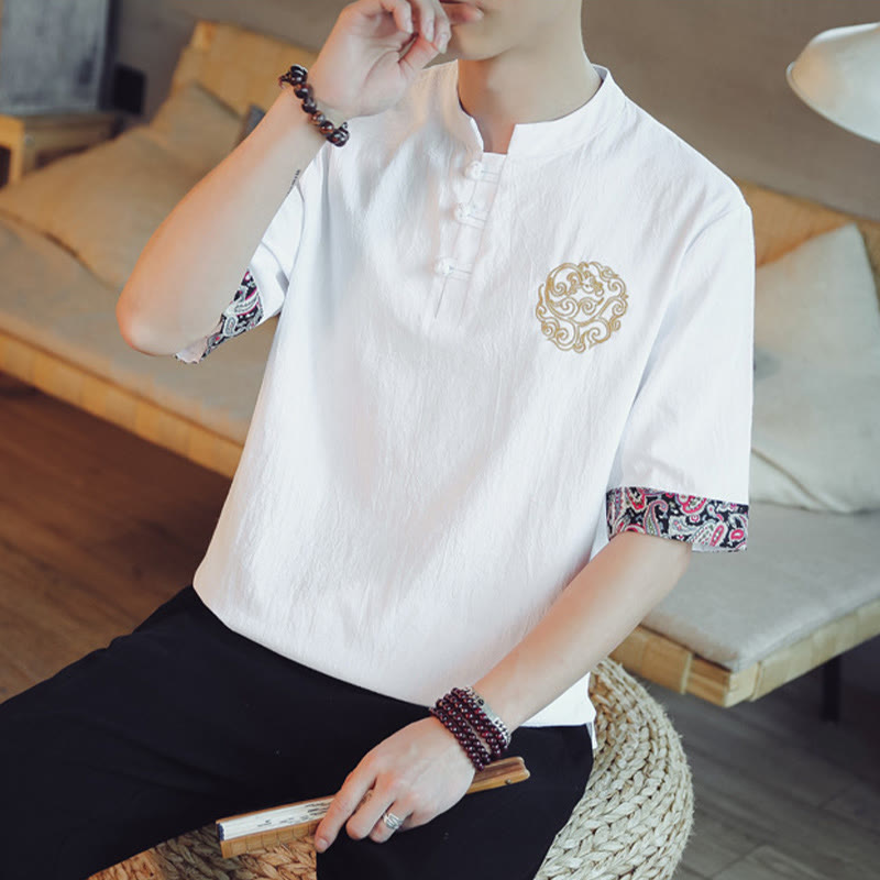Buddha Stones Frog-Button Dragon Embroidery Chinese Tang Suit Short Sleeve Shirt Linen Men Clothing Men's Shirts BS 23