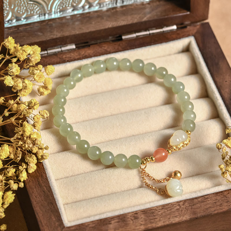 Buddha Stones 925 Sterling Silver Hetian Jade Gourd Lotus Abundance Luck Bracelet Bracelet BS Hetian Jade(Prosperity♥Abundance)