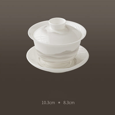 Buddha Stones Vintage Ink Painting Mountain White Porcelain Ceramic Gaiwan Sancai Teacup Kung Fu Tea Cup And Saucer With Lid Tea Utensil Teapot Cup BS 10