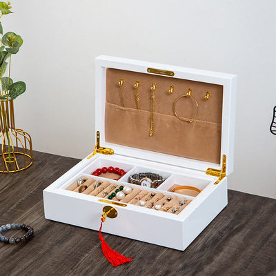Buddha Stones Vintage Wooden Jewelry Box Two-Layer Solid Wood Jewelry Storage Box Jewelry Box BS 27