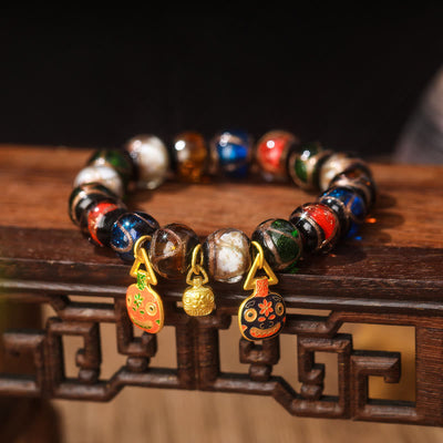 Buddha Stones Five Elements Gold Swallowing Beast Family Charm Liuli Glass Bead Luck Bracelet Bracelet BS Liuli Glass Bead&Flat Orange Black Gold Swallowing Beast Family 14mm(15 Beads)