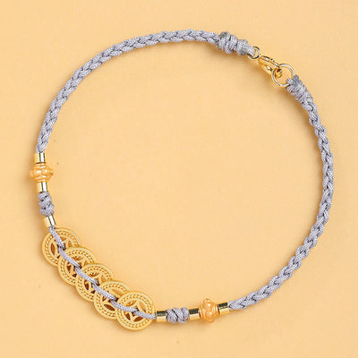 Buddha Stones Copper Coin Fortune Tree Pearl Luck Blue Rope Braided Bracelet Bracelet BS 3