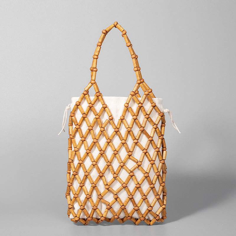 Buddha Stones Hand-woven Mesh Hollow Wooden Beads Handbag Handbags BS Coffee 15*4*25cm