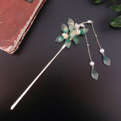 Buddha Stones Flower Leaf Pearl Peace Tassel Hairpin Hairpin BS 9