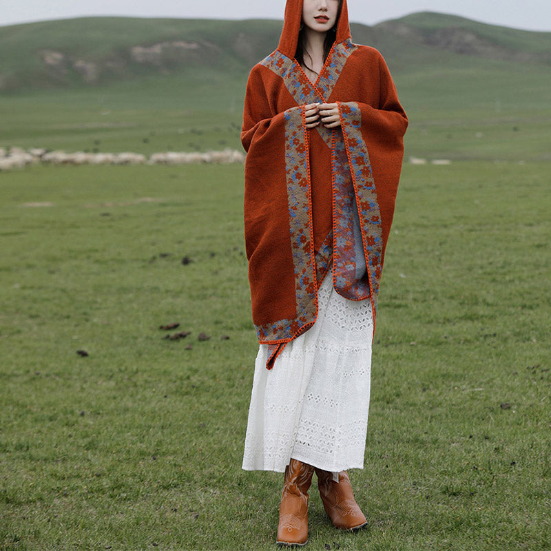 Buddha Stones Tibetan Shawl Border Small Floral Flower Hooded Cloak Winter Cozy Travel Scarf Wrap Tibetan Shawl BS 9