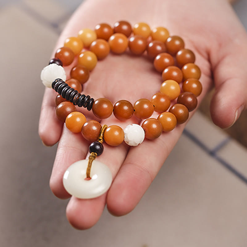 Buddha Stones Cyan Bodhi Seed Lotus Jade Peace Buckle Wisdom Double Wrap Bracelet Mala Bracelet BS 16