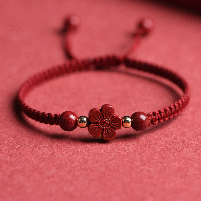 Buddha Stones Four Leaf Clover Five-petal Flower Cinnabar Blessing Red String Bracelet Bracelet BS Cinnabar Happiness Five-petal Flower(Wrist Circumference 15-19cm)