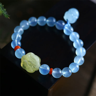 Buddha Stones Natural Aquamarine Amber Pixiu Peace Healing Charm Bracelet Bracelet BS 4