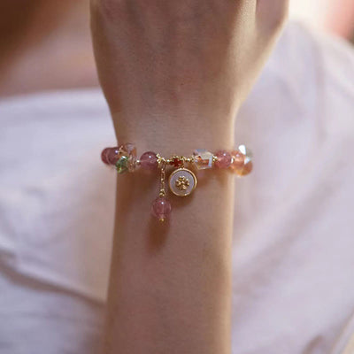 Buddha Stones Strawberry Quartz Lucky Four Leaf Clover Healing Charm Bracelet Bracelet BS 11