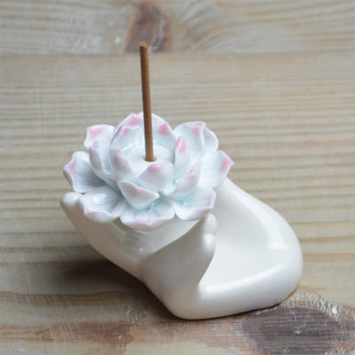 Buddha Stones Small Ceramic Lotus Hand Healing Meditation Incense Burner Decoration Incense Burner BS 4
