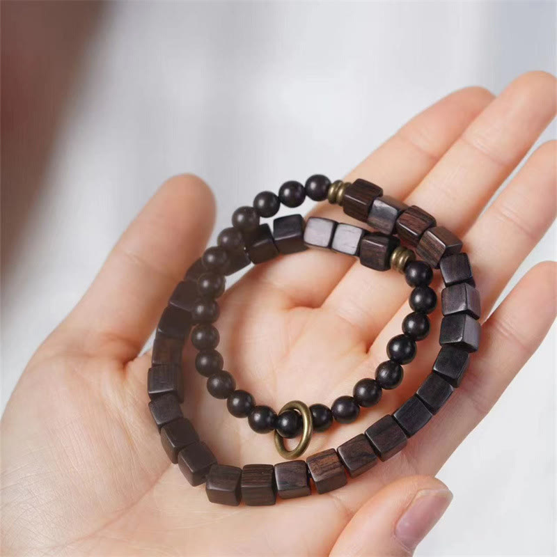 Buddha Stones Tibet Ebony Wood Square Beads Peace Double Wrap Bracelet Bracelet BS 4