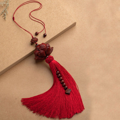 Buddha Stones Tibetan Small Leaf Red Sandalwood Lotus Luck Protection Tassel Decoration - Red - Decoration - image 17