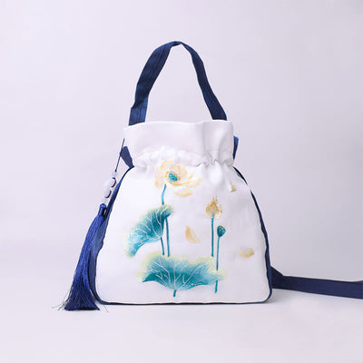 Buddha Stones Suzhou Embroidery Rabbit Lotus Epiphyllum Peony Magnolia Silk Tote Crossbody Bag Shoulder Bag Handbag Crossbody Bag BS Navy Blue White Lotus Fish 20*20*7cm