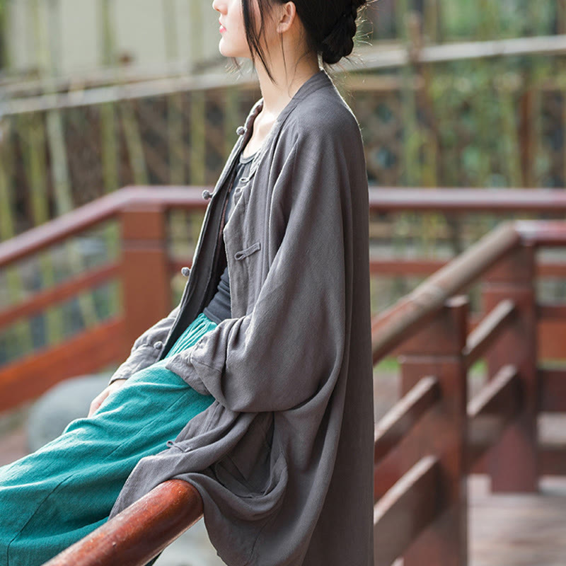Buddha Stones Frog-Button Long Sleeve Zen Meditation Open Front Jacket With Pockets 17