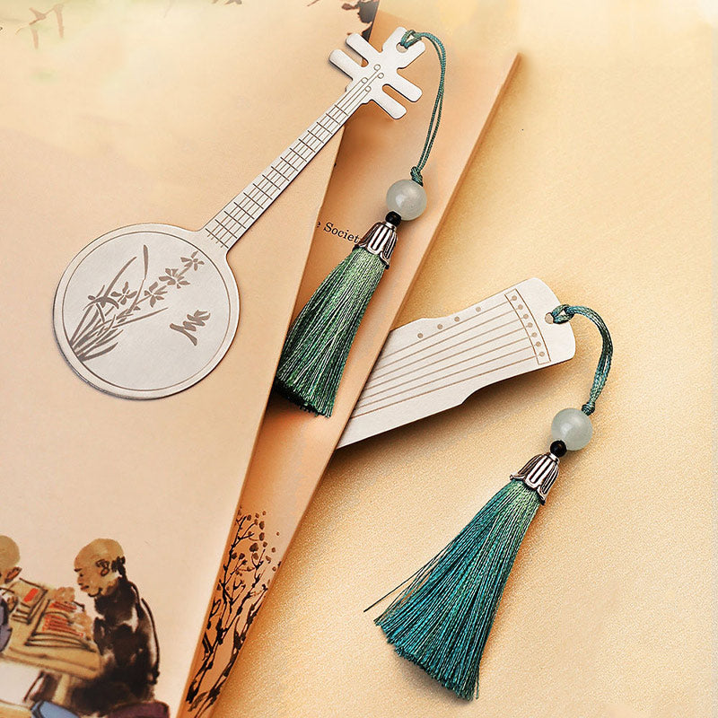 Buddha Stones Classical Musical Instruments Pipa Guzheng Guqin Ruan Metal Bookmarks Tassel With Gift Box Bookmarks BS 28