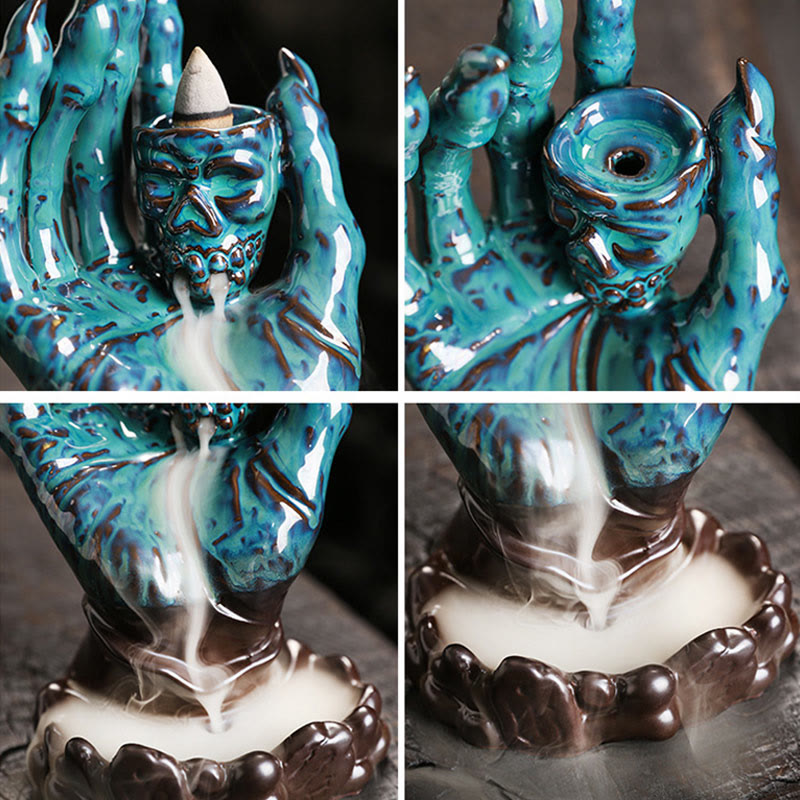 Buddha Stones Halloween Ghost Hand Skull Head Ceramic Peace Healing Incense Burner Decoration Incense Burner BS 14