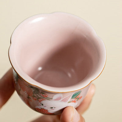 Buddha Stones Cute Strawberry Rabbit Flower Ceramic Teacup Kung Fu Tea Cup 55ml Cup BS 6