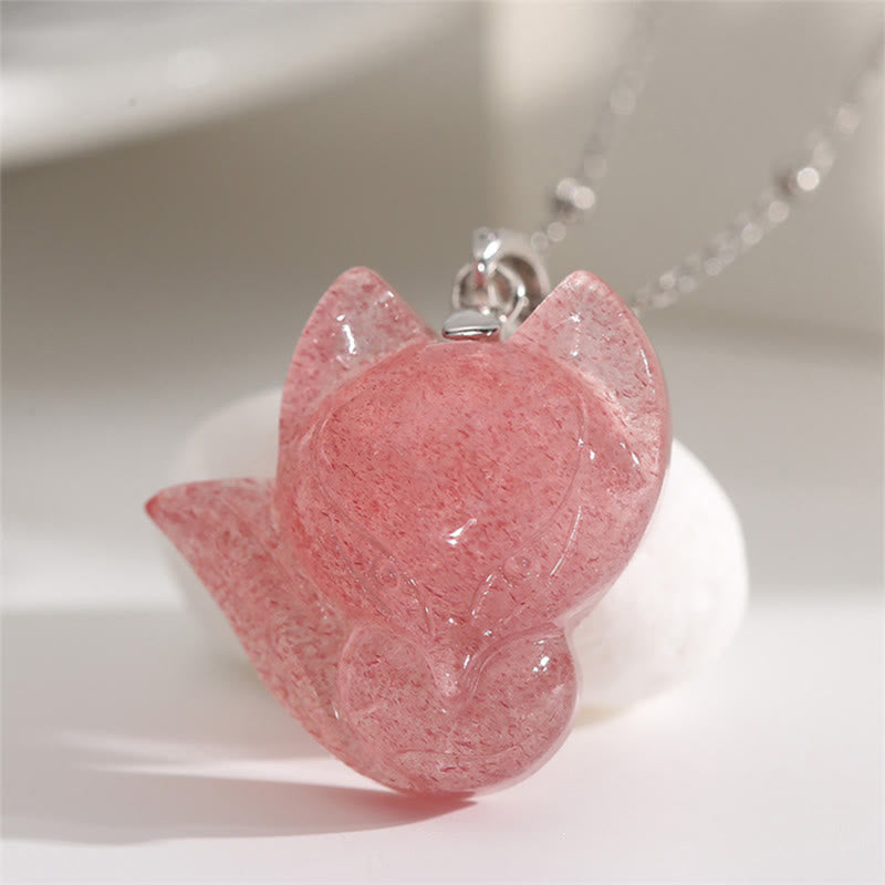 Buddha Stones 14k Gold Plated 925 Sterling Silver Strawberry Quartz Fox Healing Necklace Pendant Necklaces & Pendants BS Strawberry Quartz&925 Sterling Silver