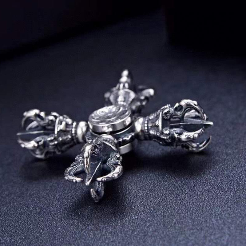 Buddha Stones Tibetan 925 Sterling Silver Double Dorje Vajra Engraved Spiritual Power Pendant Double Dorje BS 3