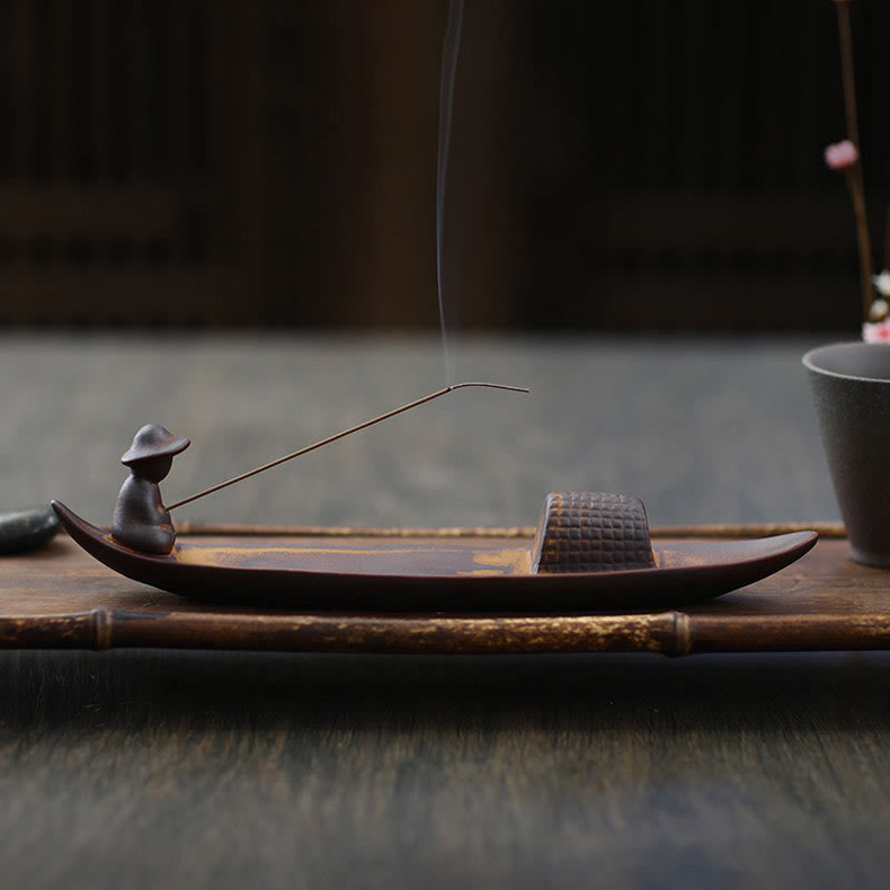 Buddha Stones A Lonely Fisherman Afloat Ceramic Healing Incense Burner Incense Burner BS 3
