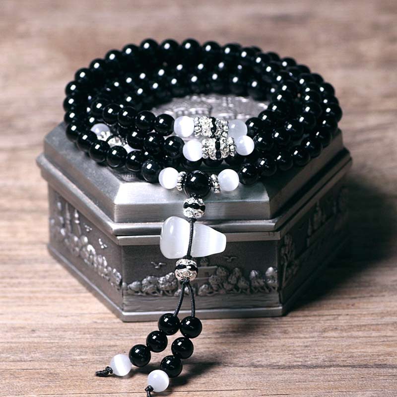 Buddha Stones Black Onyx White Crystal Bead Meditation Bracelet Bracelet BS Black Onyx