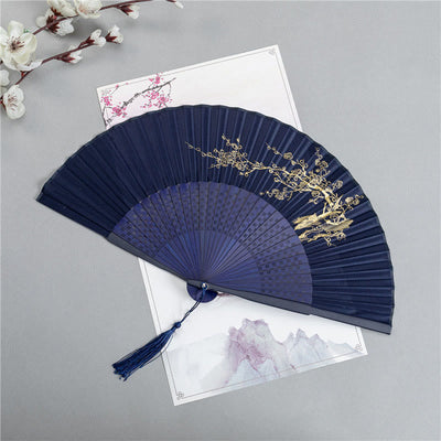 Buddha Stones Crane Dragonfly Lotus Peony Plum Blossom Butterfly Handheld Silk Bamboo Folding Fan 22.5cm 8