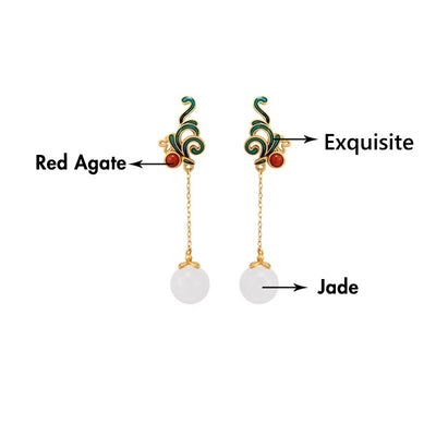 Buddha Stones Vintage White Jade Red Agate Bead Blessing Drop Dangle Earrings Earrings BS 9
