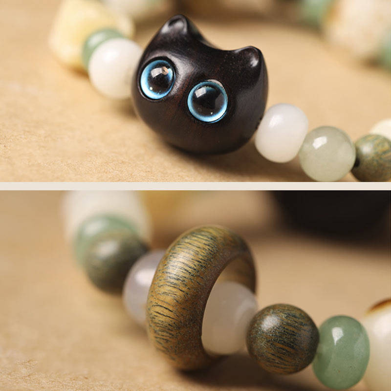 Bracelet de paix Foviel avec tête et patte de chat en graine de Bodhi, bois de santal vert, bois d'ébène et bois de santal rouge à petites feuilles