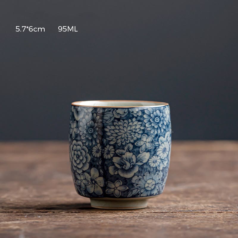 Buddha Stones Blue Lotus Peach Blossom Chrysanthemum Design Ceramic Teacup Kung Fu Tea Cups Cup BS 5.7cm*6cm*95ml