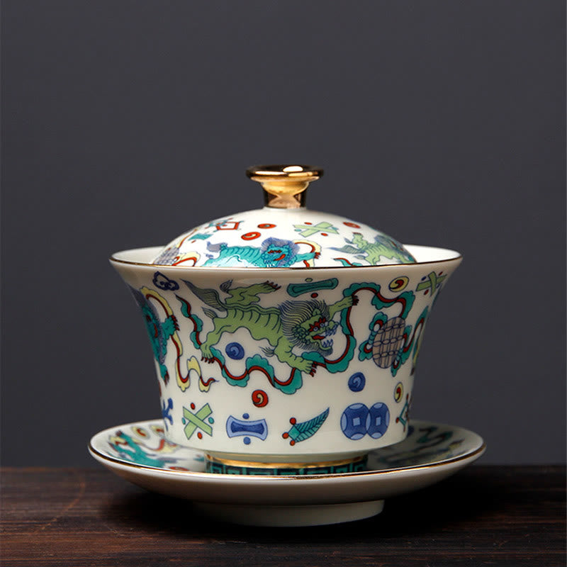 Buddha Stones Retro Plum Blossom Pine Bamboo Phoenix Kirin Ceramic Gaiwan Sancai Teacup Kung Fu Tea Cup and Saucer with Lid Cup BS 13