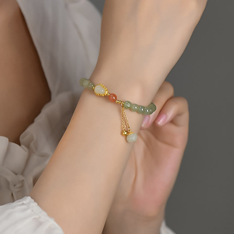 Buddha Stones 925 Sterling Silver Hetian Jade Gourd Lotus Abundance Luck Bracelet Bracelet BS 3