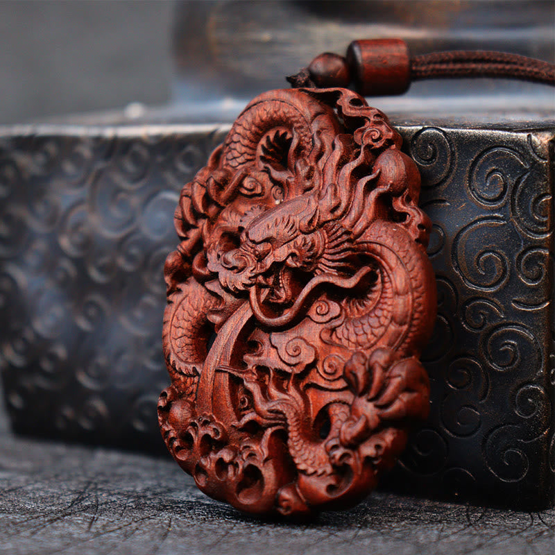 Buddha Stones Lightning Struck Jujube Wood Double Dragon Relief Ward Off Evil Spirits Necklace Pendant 2