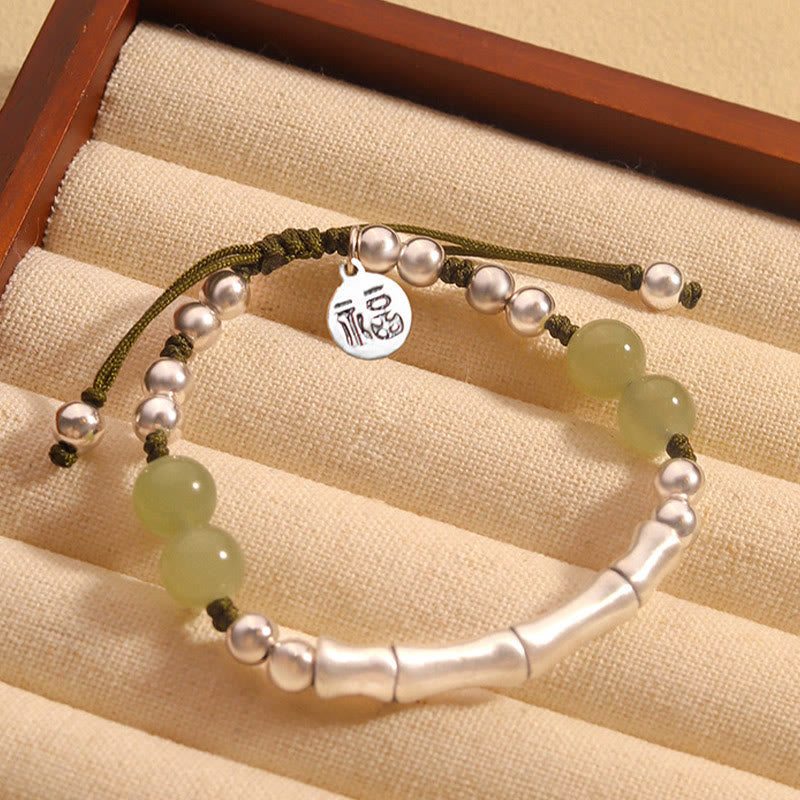 Buddha Stones 925 Sterling Silver Natural Jade Fu Character Bamboo Abundance Bracelet Bracelet BS Jade(Wrist Circumference14-19cm)