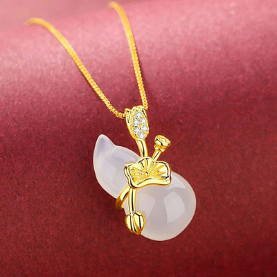 Buddha Stones Cyan Jade Gourd Lotus Leaf Abundance Pendant Necklace Necklaces & Pendants BS 6