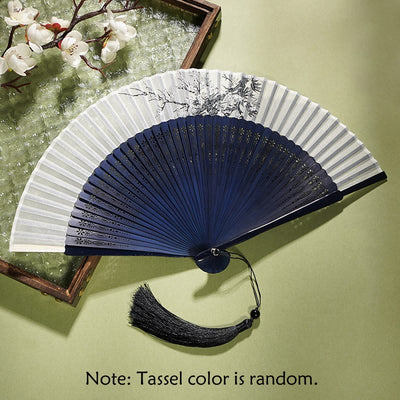 Buddha Stones Ancient Flowers Branches Handheld Bamboo Folding Fan 21cm Folding Fan BS Flower Blue Fan 21cm