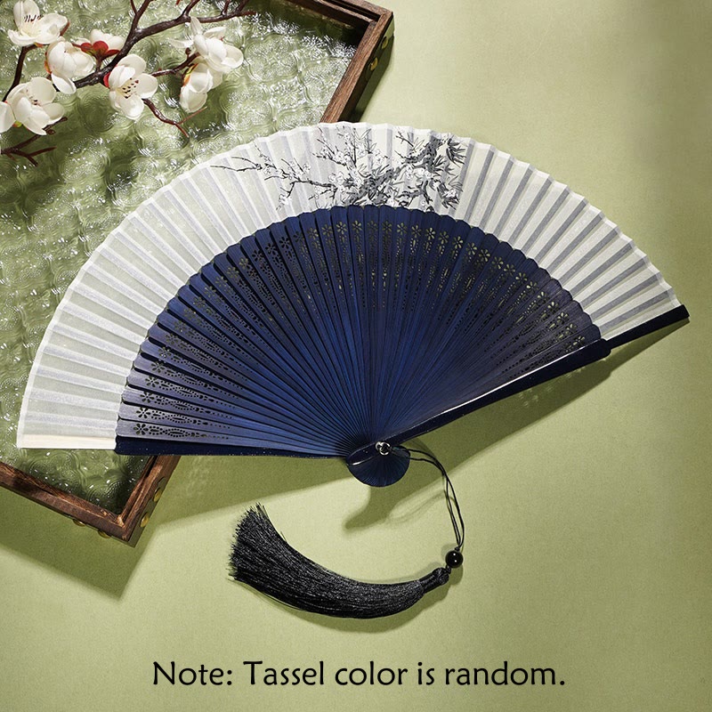 Buddha Stones Ancient Flowers Branches Handheld Bamboo Folding Fan 21cm Folding Fan BS Flower Blue Fan 21cm