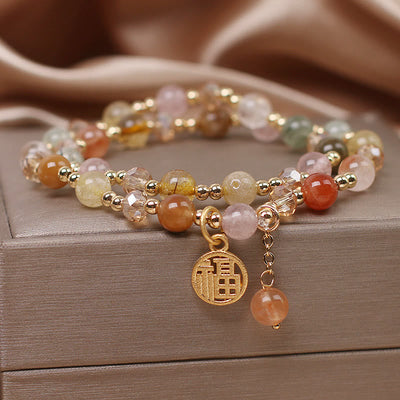 Buddha Stones Multicolored Rutilated Quartz Fu Character Auspiciousness Bracelet Bracelet BS 3
