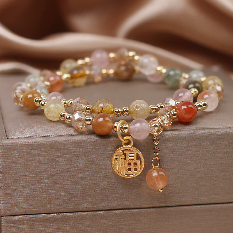 Buddha Stones Multicolored Rutilated Quartz Fu Character Auspiciousness Bracelet Bracelet BS 3