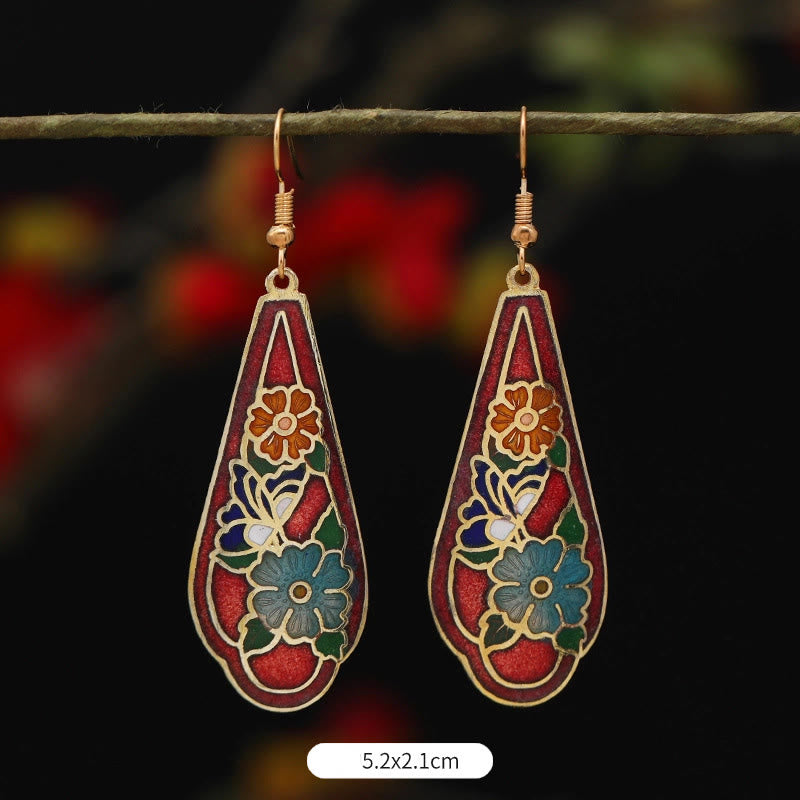 Buddha Stones Lotus Butterfly Flower Alloy Copper Enlightenment Drop Earrings Earrings BS Red Flower 5.2*2.1cm