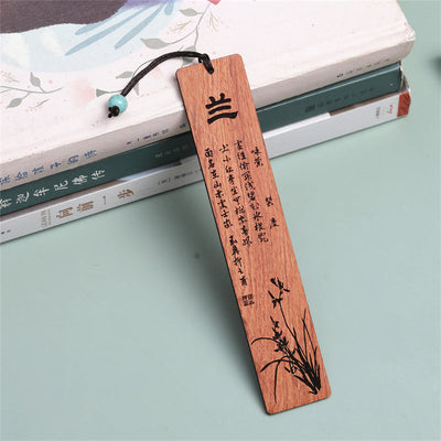 Buddha Stones Plum Orchid Bamboo Chrysanthemum Wood Bookmarks With Gift Box Bookmarks BS Orchid-Rosewood