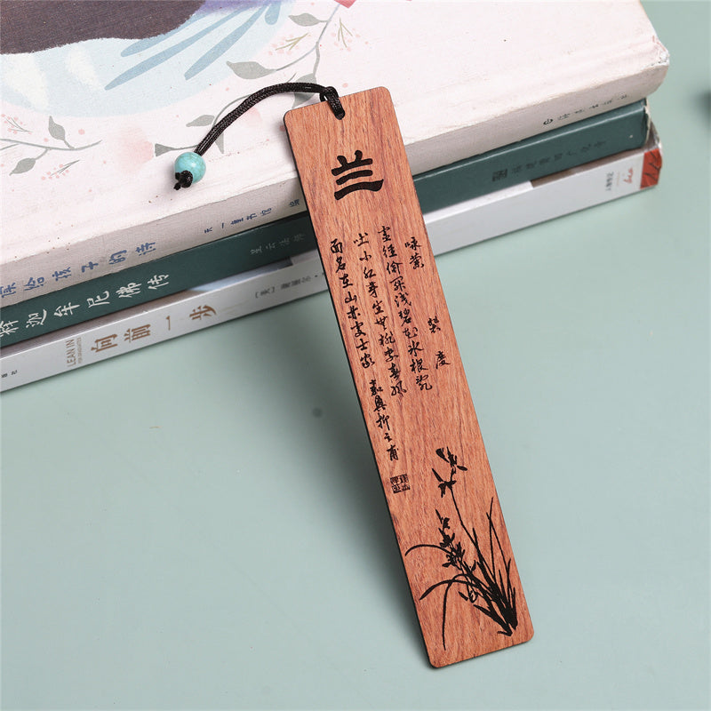 Buddha Stones Plum Orchid Bamboo Chrysanthemum Wood Bookmarks With Gift Box Bookmarks BS Orchid-Rosewood