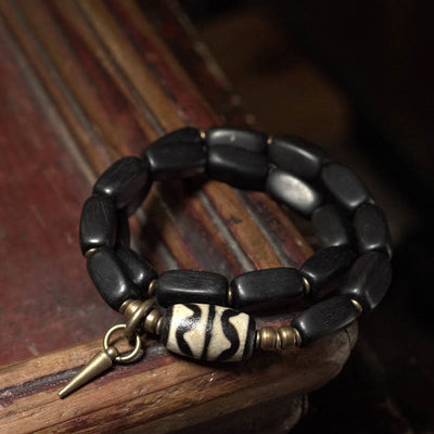 Buddha Stones Tibet Ebony Wood Dzi Bead Copper Balance Double Wrap Bracelet Bracelet BS 9