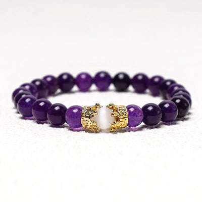 Buddha Stones Natural Stone King&Queen Crown Healing Energy Beads Couple Bracelet Bracelet BS Amethyst
