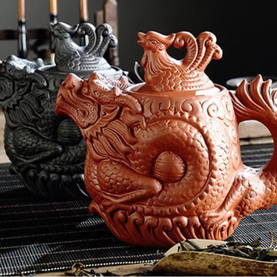 Buddha Stones Vintage Dragon Phoenix Ceramic Teapot Teapot BS 9