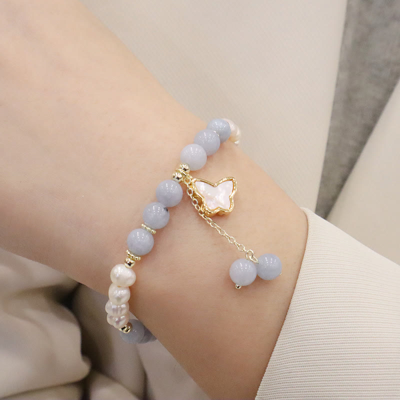 Buddha Stones Natural Aquamarine Pearl Healing Ginkgo Leaf Butterfly Charm Bracelet Bracelet BS 9