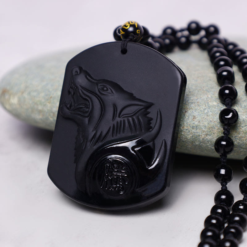Collier pendentif loup en obsidienne noire Foviel pour la purification
