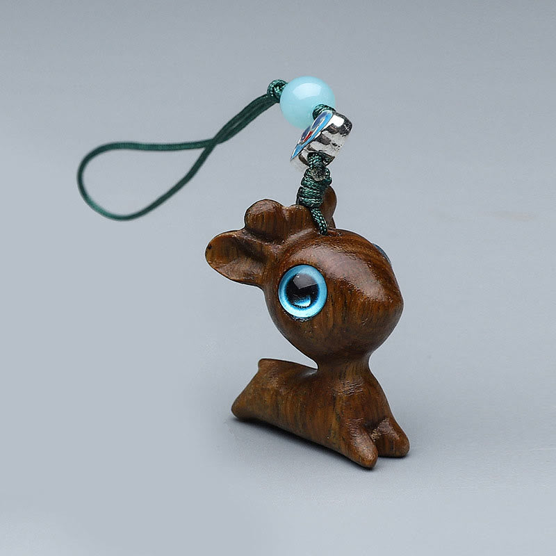 Foviel - Mini décorations suspendues pour téléphone en bois de santal vert, motifs animaux mignons (lapin, chat, cerf, baleine), porte-bonheur