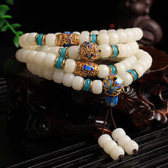 Buddha Stones Natural White Bodhi Seed Mala 108 Beads Wealth Bracelet Bracelet BS 8*10mm