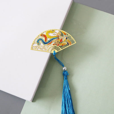 Buddha Stones Traditional Butterfly Lotus Flower Crane Dragon Phoenix Fox Koi Fish New Beginning Metal Brass Hollow Fan Bookmarks Bookmarks BS Phoenix Dancing In The Sky